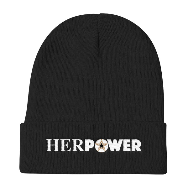 HerPower Embroidered Women Beanie White on Black